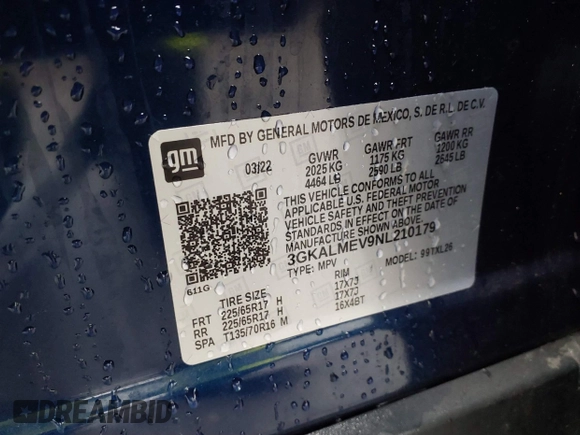 2022 GMC Terrain SLE with VIN 3GKALMEV9NL210179, listed as a IAAI auction lot 41759554 with 106,454 mi miles. Bid and sale history available at carsss.com. Image 9.