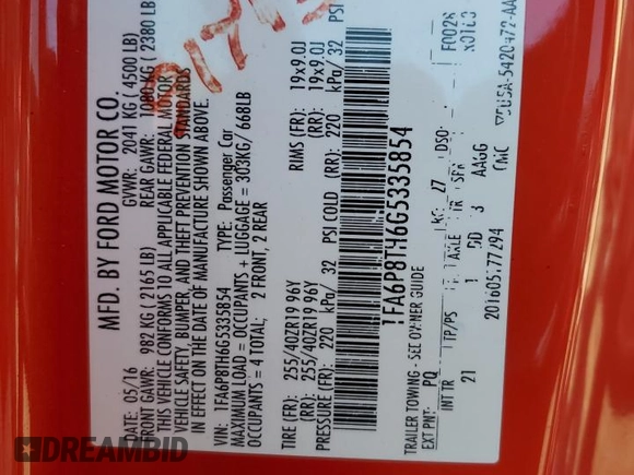2016 Ford Mustang EcoBoost z VIN 1FA6P8TH6G5335854, wystawiony jako Copart lot #52160225 z przebiegiem 183 060 mil mil oraz Szkoda całkowita • Salvage title. Historia ofert i sprzedaży dostępna na DreamBid. Obrazek 12.