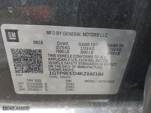 2019 GMC Sierra 1500 AT4 with VIN 1GTP9EED4KZ142184, listed as a IAAI auction lot 41567492 with 126,880 mi miles. Bid and sale history available at carsss.com. Image 9.