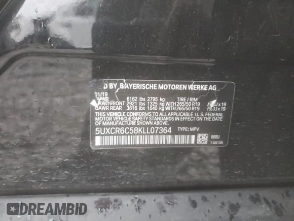 2019 BMW X5 xDrive40i with VIN 5UXCR6C58KLL07364, listed as a Copart auction lot 56356895 with Not provided miles and Salvage title. Bid and sale history available at DreamBid. Image 13.
