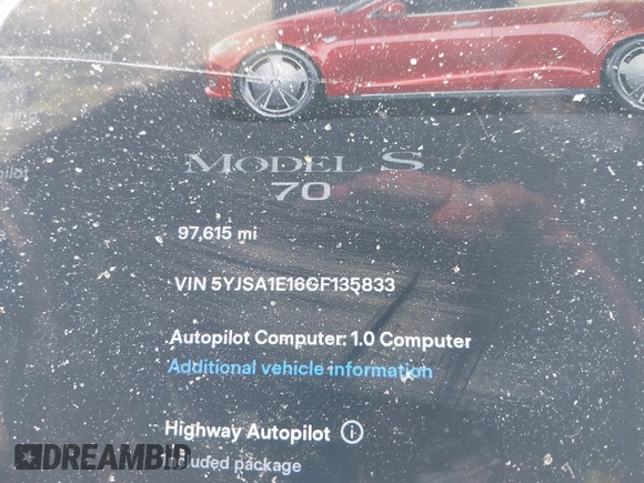 2016 Tesla Model S 70 with VIN 5YJSA1E16GF135833, listed as a IAAI auction lot 42084421 with 97,615 mi miles and . Bid and sale history available at DreamBid. Image 7.