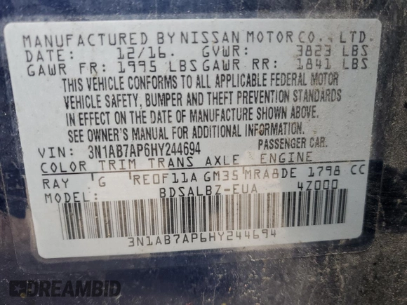 2017 Nissan Sentra S with VIN 3N1AB7AP6HY244694, listed as a Copart auction lot 50389885 with 122,143 mi miles and Clean Title. Bid and sale history available at carsss.com. Image 13.