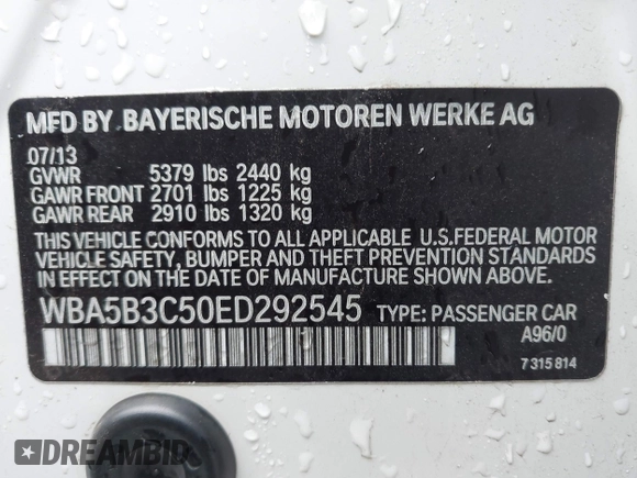 2014 BMW 5 Series 535i xDrive with VIN WBA5B3C50ED292545, listed as a IAAI auction lot 41841578 with 99,072 mi miles and . Bid and sale history available at carsss.com. Image 9.