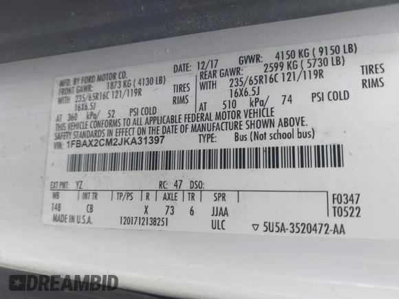 2018 Ford Transit Passenger XL z VIN 1FBAX2CM2JKA31397, wystawiony jako IAAI lot #42252424 z przebiegiem 72 434 mil mil oraz . Historia ofert i sprzedaży dostępna na DreamBid. Obrazek 9.