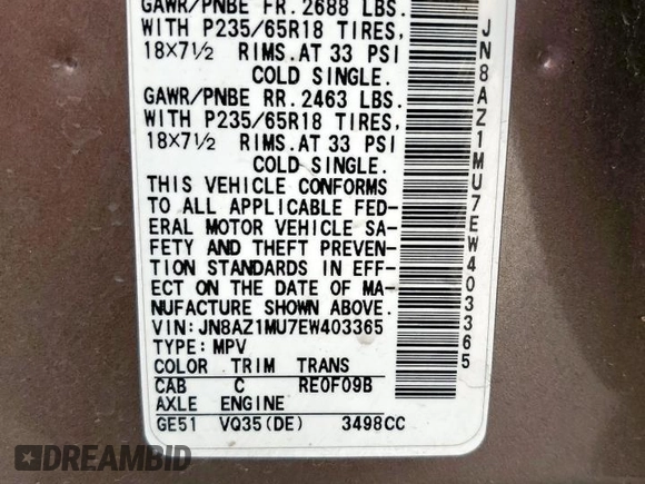 2014 Nissan Murano SL z VIN JN8AZ1MU7EW403365, wystawiony jako Copart lot #57559915 z przebiegiem 236 206 mil mil oraz Czysty tytuł • Clean title. Historia ofert i sprzedaży dostępna na DreamBid. Obrazek 13.