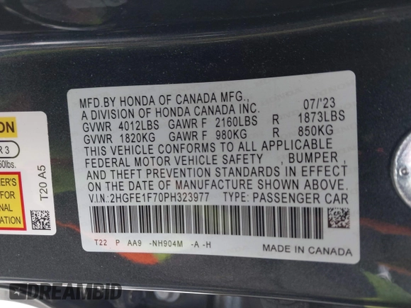 2023 Honda Civic Sedan EX with VIN 2HGFE1F70PH323977, listed as a IAAI auction lot 41562893 with 6,192 mi miles. Bid and sale history available at carsss.com. Image 9.