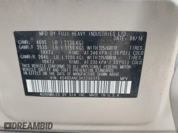 2017 Subaru Outback Limited with VIN 4S4BSANC3H3256375, listed as a IAAI auction lot 42557576 with 205,127 mi miles and . Bid and sale history available at DreamBid. Image 9.
