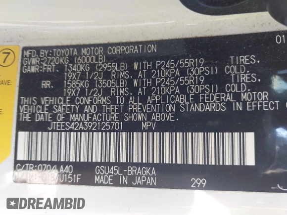 2009 Toyota Highlander Limited with VIN JTEES42A392125701, listed as a IAAI auction lot 42551353 with 78,787 mi miles and . Bid and sale history available at DreamBid. Image 9.