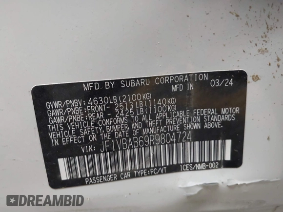 2024 Subaru WRX с VIN JF1VBAB69R9804724, выставлен на аукционе IAAI как лот 41998929 с пробегом 2 168 миль миль и . История ставок и продаж доступна на DreamBid. Изображение 9.