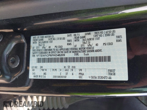 2015 Ford F-150 XL with VIN 1FTEW1CP6FKE48209, listed as a IAAI auction lot 42030686 with 179,961 mi miles. Bid and sale history available at carsss.com. Image 9.