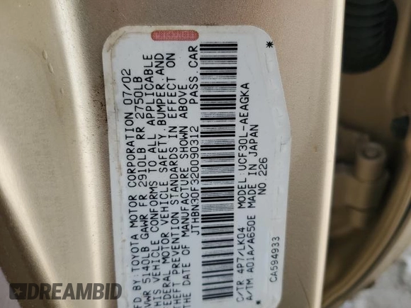 2002 Lexus LS 430 z VIN JTHBN30F320090312, wystawiony jako Copart lot #57827825 z przebiegiem Nie podano mil oraz Czysty tytuł • Clean title. Historia ofert i sprzedaży dostępna na DreamBid. Obrazek 12.