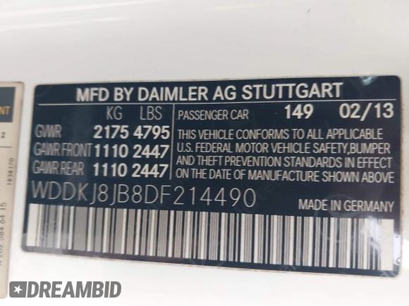 2013 Mercedes-Benz E-Class E 350 with VIN WDDKJ8JB8DF214490, listed as a IAAI auction lot 41500949 with 156,566 mi miles. Bid and sale history available at carsss.com. Image 9.