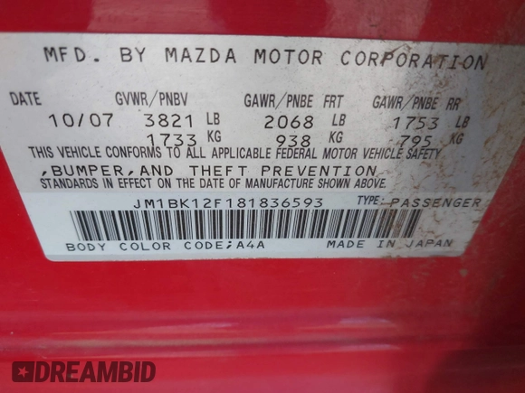 2008 Mazda 3 i Touring with VIN JM1BK12F181836593, listed as a IAAI auction lot 41918892 with Not Provided miles and . Bid and sale history available at carsss.com. Image 9.