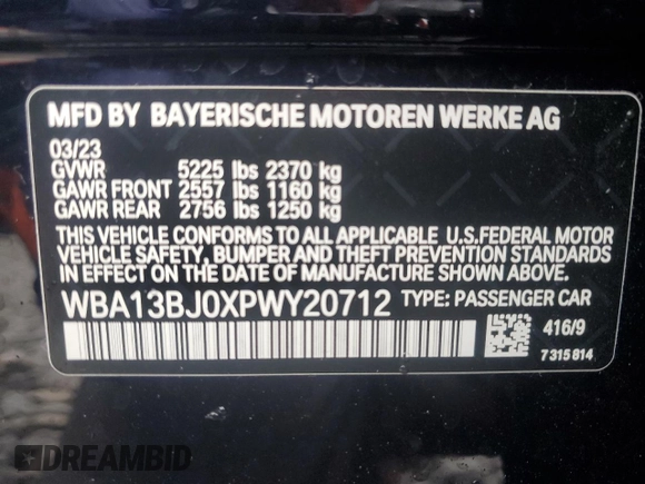 2023 BMW 5 Series 530i xDrive with VIN WBA13BJ0XPWY20712, listed as a Copart auction lot 86109994 with 9,489 mi miles and Salvage Title. Bid and sale history available at DreamBid. Image 12.