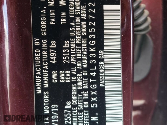 2019 Kia Optima LX with VIN 5XXGT4L33KG352722, listed as a Copart auction lot 87468804 with 49,167 mi miles and Salvage Title. Bid and sale history available at DreamBid. Image 12.