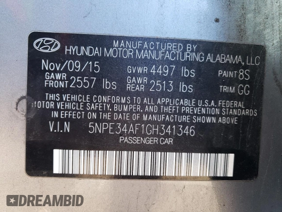 2016 Hyundai Sonata Sport with VIN 5NPE34AF1GH341346, listed as a Copart auction lot 50891895 with 120,180 mi miles and Salvage Title. Bid and sale history available at DreamBid. Image 12.