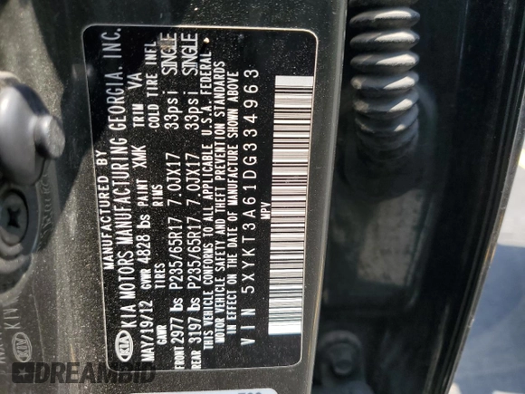 2013 Kia Sorento LX with VIN 5XYKT3A61DG334963, listed as a Copart auction lot 60152345 with 176,500 mi miles and Salvage title. Bid and sale history available at DreamBid. Image 13.