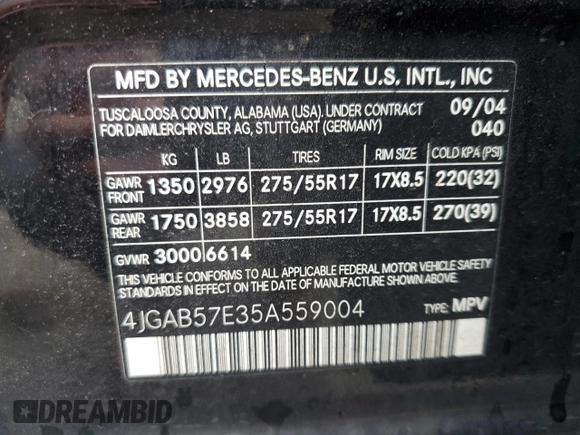 2005 Mercedes-Benz M-Class 3.7L with VIN 4JGAB57E35A559004, listed as a Copart auction lot 72765774 with 225,883 mi miles and Salvage Title. Bid and sale history available at carsss.com. Image 13.