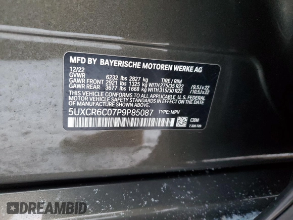 2023 BMW X5 xDrive40i with VIN 5UXCR6C07P9P85087, listed as a Copart auction lot 89091475 with Not provided miles and Salvage title. Bid and sale history available at DreamBid. Image 15.