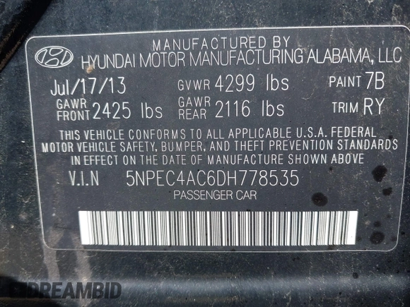2013 Hyundai Sonata Limited with VIN 5NPEC4AC6DH778535, listed as a IAAI auction lot 42198861 with 74,521 mi miles and . Bid and sale history available at DreamBid. Image 9.