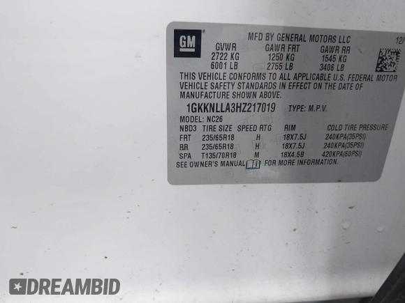 2017 GMC Acadia SLE with VIN 1GKKNLLA3HZ217019, listed as a IAAI auction lot 40410362 with Not Provided miles and . Bid and sale history available at DreamBid. Image 9.