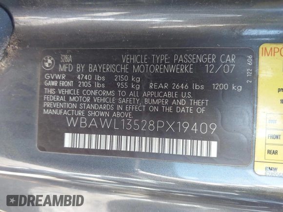 2008 BMW 3 Series 328i с VIN WBAWL13528PX19409, выставлен на аукционе IAAI как лот 42306989 с пробегом Не указан миль и . История ставок и продаж доступна на DreamBid. Изображение 9.