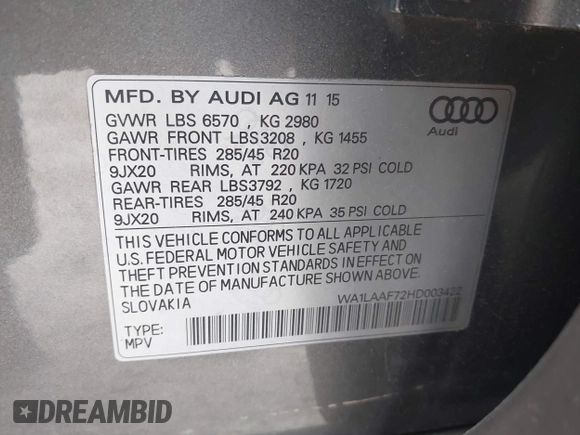 2017 Audi Q7 Premium Plus with VIN WA1LAAF72HD003422, listed as a IAAI auction lot 42086085 with 128,594 mi miles. Bid and sale history available at carsss.com. Image 9.