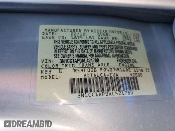 2010 Nissan Versa 1.6 with VIN 3N1CC1AP0AL421780, listed as a Copart auction lot 50660375 with 63,759 mi miles and Salvage Title. Bid and sale history available at carsss.com. Image 15.