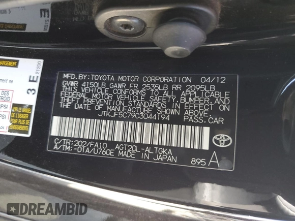 2012 Scion tC z VIN JTKJF5C79C3044194, wystawiony jako Copart lot #59359825 z przebiegiem 158 495 mil mil oraz Szkoda całkowita • Salvage title. Historia ofert i sprzedaży dostępna na DreamBid. Obrazek 13.