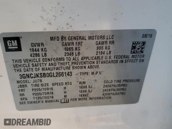2016 Chevrolet Trax LS with VIN 3GNCJKSB0GL266143, listed as a Copart auction lot 88083115 with 0 mi miles and Salvage Title. Bid and sale history available at carsss.com. Image 13.
