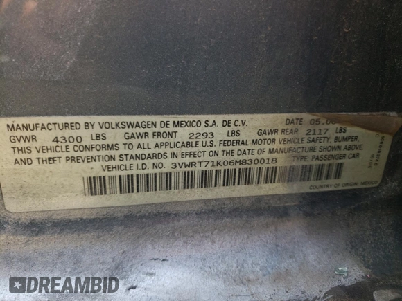 2006 Volkswagen Jetta 1.9L TDI with VIN 3VWRT71K06M830018, listed as a Copart auction lot 54678445 with 273,371 mi miles and Salvage title. Bid and sale history available at DreamBid. Image 12.