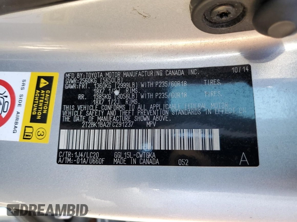 2015 Lexus RX 350 with VIN 2T2BK1BA2FC291237, listed as a Copart auction lot 54746945 with 155,541 mi miles and Salvage Title. Bid and sale history available at DreamBid. Image 13.