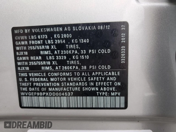 2013 Volkswagen Touareg Lux with VIN WVGEF9BPXDD004537, listed as a Copart auction lot 79277734 with 105,091 mi miles and Salvage Title. Bid and sale history available at DreamBid. Image 14.