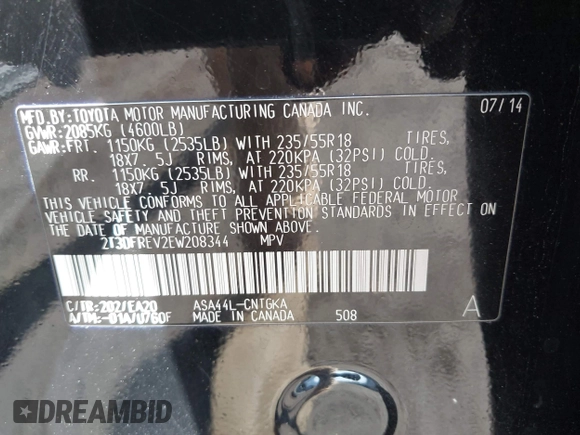 2014 Toyota RAV4 Limited with VIN 2T3DFREV2EW208344, listed as a IAAI auction lot 42033398 with 157,719 mi miles. Bid and sale history available at carsss.com. Image 9.