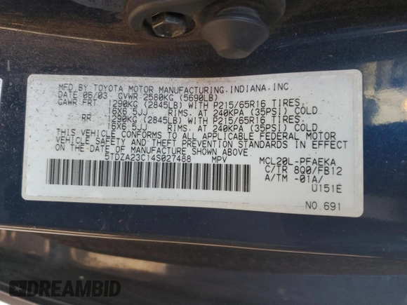2004 Toyota Sienna CE with VIN 5TDZA23C14S027488, listed as a Copart auction lot 50285775 with 147,541 mi miles and Non Repairable. Bid and sale history available at carsss.com. Image 14.