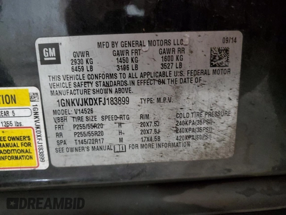 2015 Chevrolet Traverse LTZ with VIN 1GNKVJKDXFJ183899, listed as a Copart auction lot 75819424 with 162,536 mi miles and Salvage Title. Bid and sale history available at DreamBid. Image 13.