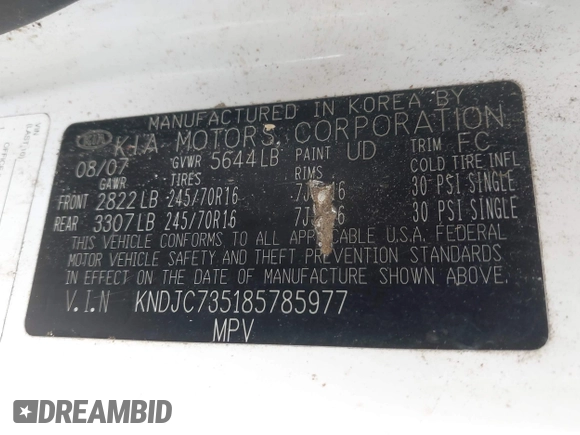 2008 Kia Sorento LX with VIN KNDJC735185785977, listed as a IAAI auction lot 42237098 with 145,231 mi miles and . Bid and sale history available at DreamBid. Image 9.