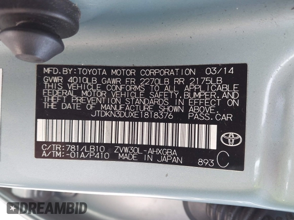 2014 Toyota Prius Four with VIN JTDKN3DUXE1818376, listed as a IAAI auction lot 39833114 with 138,302 mi miles. Bid and sale history available at carsss.com. Image 9.