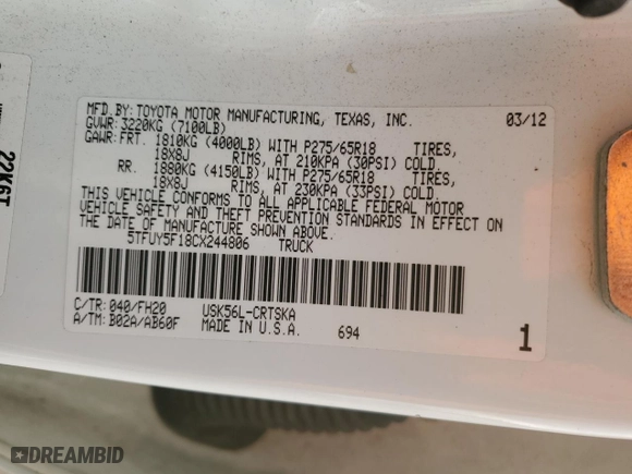 2012 Toyota Tundra 4WD Truck with VIN 5TFUY5F18CX244806, listed as a Copart auction lot 43919385 with NaN miles and Salvage Title. Bid and sale history available at carsss.com. Image 12.