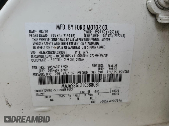 2020 Ford EcoSport SE with VIN MAJ6S3GL3LC388081, listed as a Copart auction lot 47822245 with 90,345 mi miles and Salvage Title. Bid and sale history available at DreamBid. Image 12.