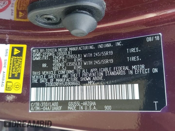 2018 Toyota Highlander Limited with VIN 5TDDZRFH1JS908660, listed as a Copart auction lot 62480335 with 77,490 mi miles and Salvage title. Bid and sale history available at DreamBid. Image 14.