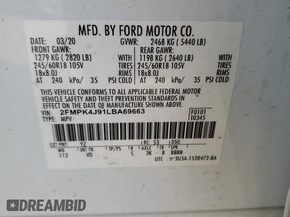 2020 Ford Edge SEL с VIN 2FMPK4J91LBA69663, выставлен на аукционе Copart как лот 50611005 с пробегом 61 534 миль миль и Списание • Salvage title. История ставок и продаж доступна на DreamBid. Изображение 13.
