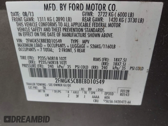 2014 Ford Flex SEL z VIN 2FMGK5C88EBD10549, wystawiony jako IAAI lot #42349426 z przebiegiem 123 903 mil mil oraz . Historia ofert i sprzedaży dostępna na DreamBid. Obrazek 9.