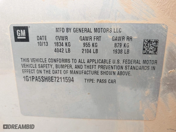 2014 Chevrolet Cruze LS with VIN 1G1PA5SH8E7211594, listed as a IAAI auction lot 41601610 with 146,478 mi miles. Bid and sale history available at carsss.com. Image 9.