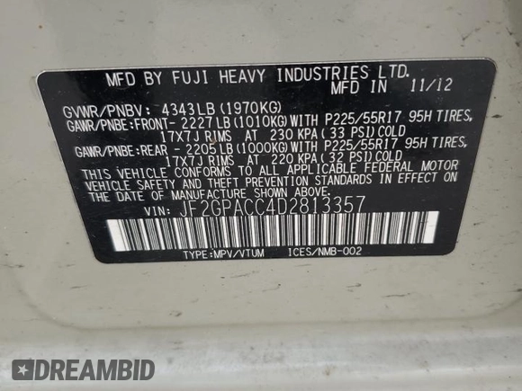 2013 Subaru Crosstrek Premium with VIN JF2GPACC4D2813357, listed as a Copart auction lot 58447915 with Not provided miles and Clean title. Bid and sale history available at DreamBid. Image 12.