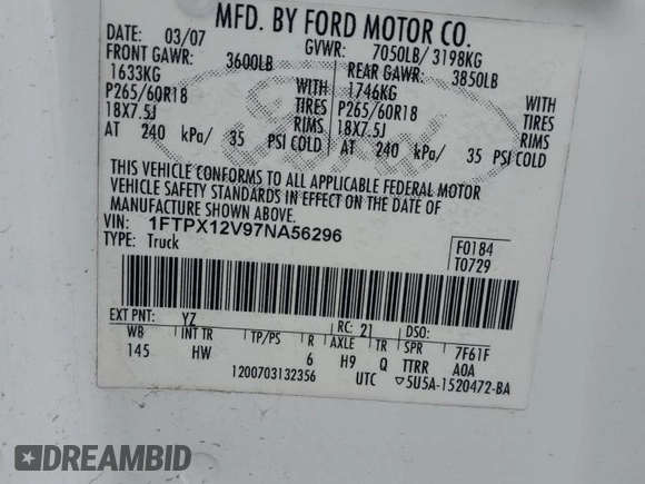 2007 Ford F-150 XL with VIN 1FTPX12V97NA56296, listed as a Copart auction lot 58709345 with 172,989 mi miles and Salvage title. Bid and sale history available at DreamBid. Image 12.