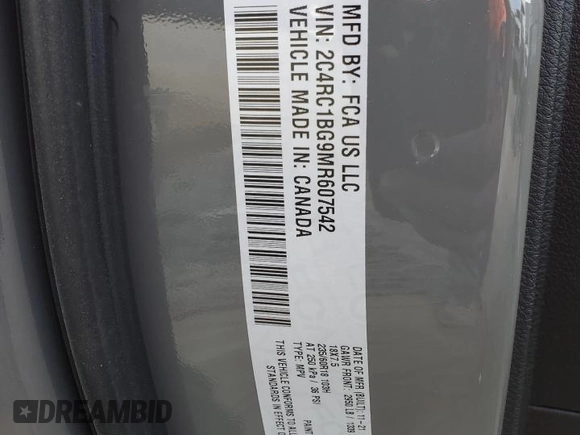 2021 Chrysler Pacifica Touring L with VIN 2C4RC1BG9MR607542, listed as a Copart auction lot 51305855 with 49,642 mi miles and Salvage Title. Bid and sale history available at DreamBid. Image 14.