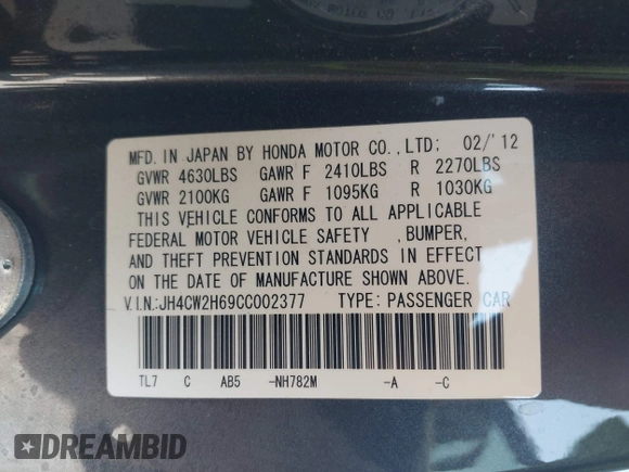 2012 Acura TSX Technology with VIN JH4CW2H69CC002377, listed as a IAAI auction lot 42592464 with 144,611 mi miles and . Bid and sale history available at DreamBid. Image 9.