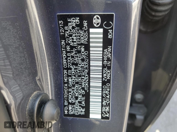 2014 Toyota Prius with VIN JTDKN3DP9E3052770, listed as a Copart auction lot 60000005 with 171,707 mi miles and Salvage title. Bid and sale history available at DreamBid. Image 12.