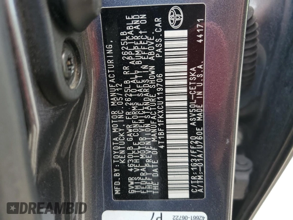 2012 Toyota Camry L with VIN 4T1BF1FKXCU119706, listed as a Copart auction lot 52644315 with 101,724 mi miles and Salvage Title. Bid and sale history available at DreamBid. Image 12.